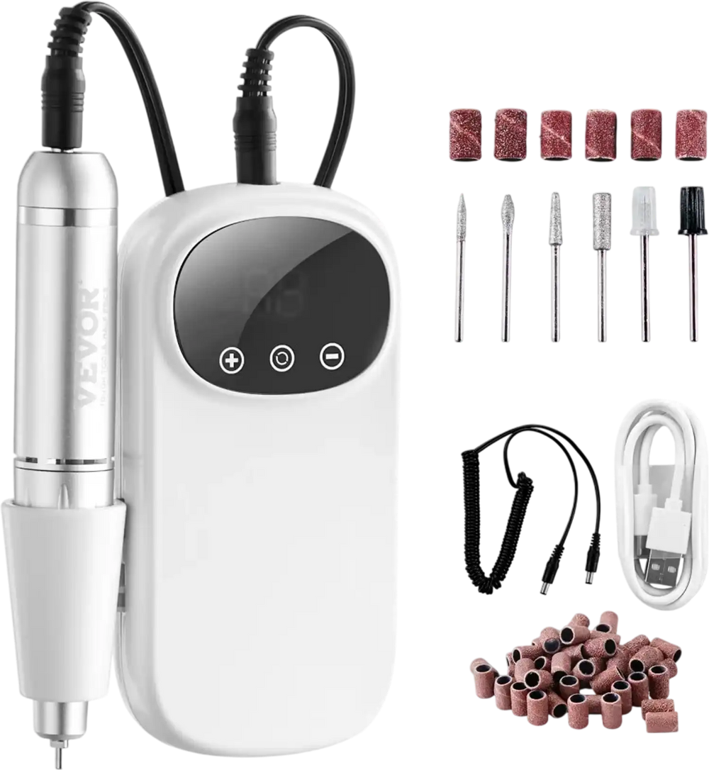 VEVOR Electric Rechargeable Nail Drill, 35,000RPM Portable Cordless Nail E File Machine, LCD-Display Acrylic Gel Grinder Tool with 6 Bits and 50PCS Sanding Bands for Manicure Pedicure Carve Polish