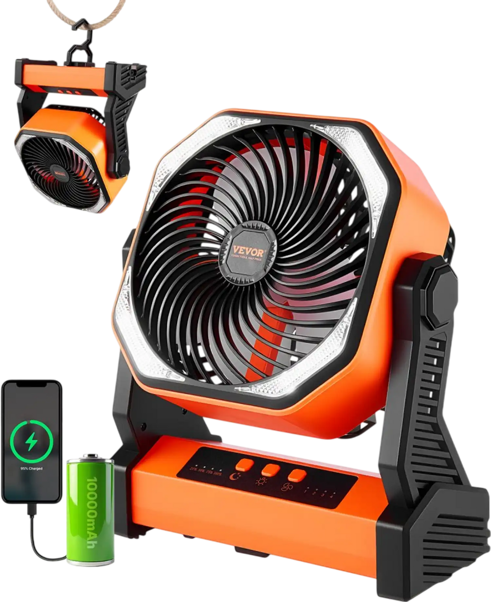 VEVOR 8 inch Rechargeable Camping Fan, Battery Operated with Light & Charging, 4 Speed Portable Outdoor Desktop Fan, 270-degree Manual Tilt for Tent, RV, Car, Travel, Jobsite & Hurricane Power Outages