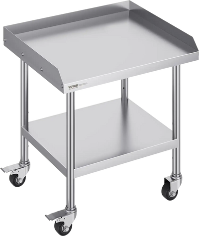 VEVOR Stainless Steel Work Table, 24 x 28 x 30 Inch Commercial Food Prep Worktable with 4 Wheels, Casters, 3-Sided Backsplash Heavy Duty Prep Worktable, Metal Work Table for Restaurant Home Hotel