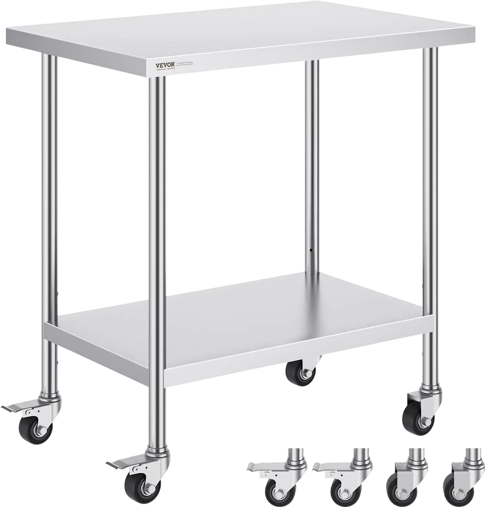 VEVOR Stainless Steel Work Table 24 x 36 x 38 Inch, with 4 Wheels, 3 Adjustable Height Levels, Heavy Duty Food Prep Worktable for Commercial Kitchen Restaurant, Silver