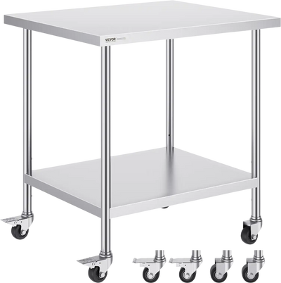 VEVOR Stainless Steel Work Table 30 x 18 x 38 Inch, with 4 Wheels, 3 Adjustable Height Levels, Heavy Duty Food Prep Worktable for Commercial Kitchen Restaurant, Silver