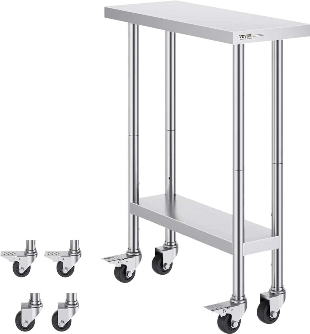 VEVOR Stainless Steel Work Table 30 x 12 x 38 Inch, with 4 Wheels, 3 Adjustable Height Levels, Heavy Duty Food Prep Worktable for Commercial Kitchen Restaurant, Silver