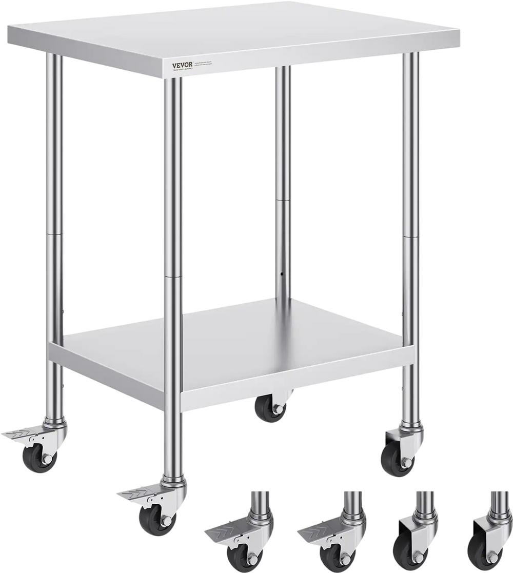 VEVOR Stainless Steel Work Table 24 x 30 x 38 Inch, with 4 Wheels, 3 Adjustable Height Levels, Heavy Duty Food Prep Worktable for Commercial Kitchen Restaurant, Silver