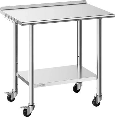 VEVOR Stainless Steel Work Table, 24x36 inch Food Prep Table with Wheels and Backsplash, Commercial Kitchen Workstation with Adjustable Undershelf, Metal Utility Worktable, for Restaurant Home Outdoor