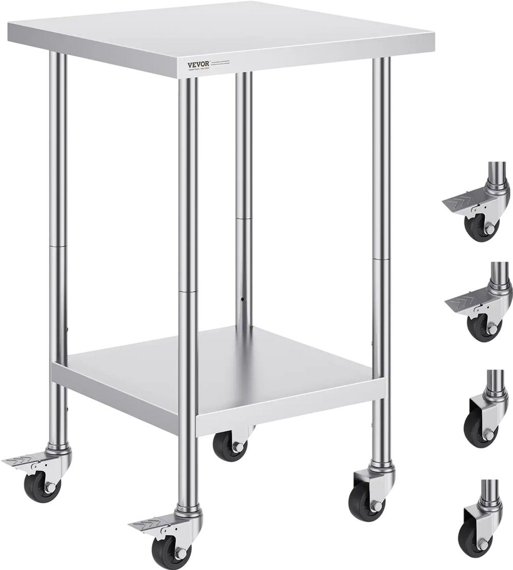 VEVOR Stainless Steel Work Table 24 x 24 x 38 Inch, 700 LBS Load Capacity with 4 Wheels, 3 Adjustable Height Levels, Heavy Duty Food Prep Worktable for Commercial Kitchen Restaurant, Silver