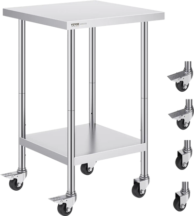 VEVOR Stainless Steel Work Table 24 x 24 x 38 Inch, 700 LBS Load Capacity with 4 Wheels, 3 Adjustable Height Levels, Heavy Duty Food Prep Worktable for Commercial Kitchen Restaurant, Silver
