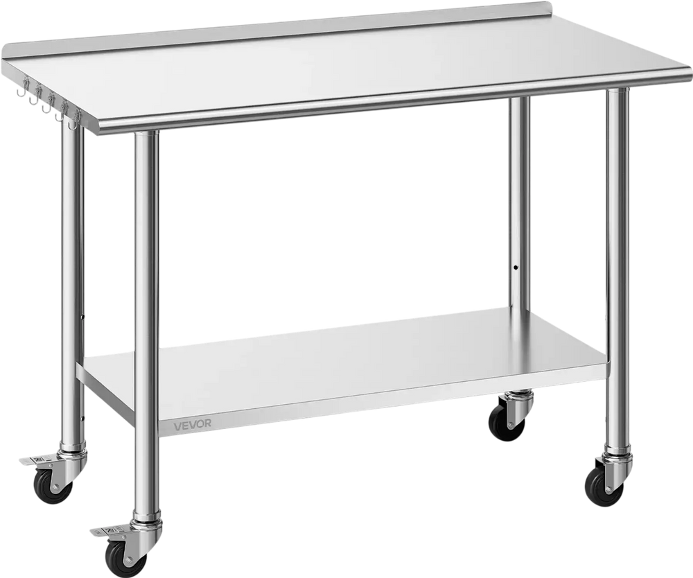 VEVOR Stainless Steel Work Table, 24x48 inch Food Prep Table with Wheels, Commercial Kitchen Workstation with Adjustable Undershelf, Metal Heavy Duty Utility Worktable, for Restaurant Home Outdoor