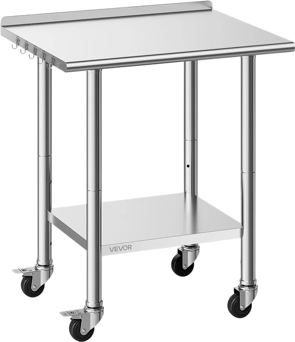 VEVOR Stainless Steel Work Table, 24x30 inch Food Prep Table with Wheels and Backsplash, Commercial Kitchen Workstation with Adjustable Undershelf, Metal Utility Worktable, for Restaurant Home Outdoor