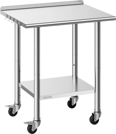 VEVOR Stainless Steel Work Table, 24x30 inch Food Prep Table with Wheels and Backsplash, Commercial Kitchen Workstation with Adjustable Undershelf, Metal Utility Worktable, for Restaurant Home Outdoor