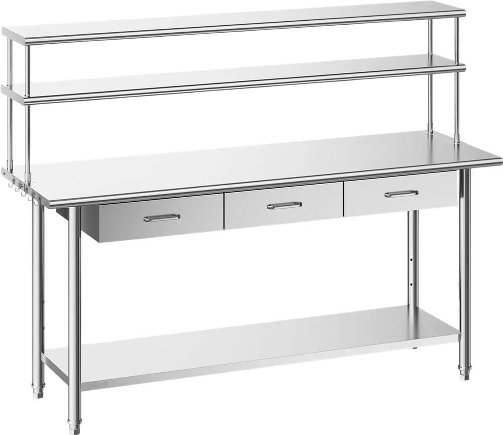 VEVOR Stainless Steel Work Table, 24x72 Inch Food Prep Table with Overshelves and 3 Drawers, Commercial Kitchen Workstation with Adjustable Undershelf, Metal Utility Worktable, for Restaurant Garage