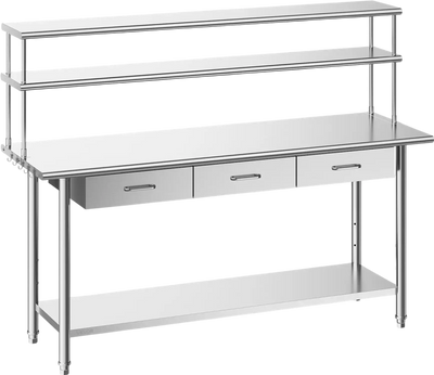 VEVOR Stainless Steel Work Table, 24x72 Inch Food Prep Table with Overshelves and 3 Drawers, Commercial Kitchen Workstation with Adjustable Undershelf, Metal Utility Worktable, for Restaurant Garage