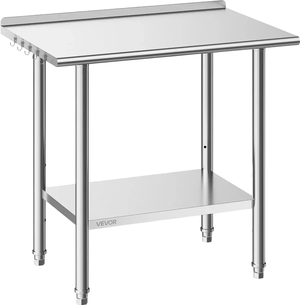 VEVOR Stainless Steel Work Table, 24x36 Inch Food Prep Table with Backsplash, Commercial Kitchen Workstation with Adjustable Undershelf, Metal Heavy Duty Utility Worktable, for Restaurant Home Outdoor