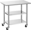 VEVOR Stainless Steel Work Table, 24x36 Inch Food Prep Table with 2 Shelves and Wheels, Commercial Kitchen Workstation, Metal Heavy Duty Utility Worktable, for Restaurant Home Hotel Garage Outdoor