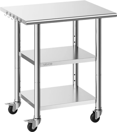 VEVOR Stainless Steel Work Table, 24x30 Inch Food Prep Table with 2 Shelves and Wheels, Commercial Kitchen Workstation, Metal Heavy Duty Utility Worktable, for Restaurant Home Hotel Garage Outdoor