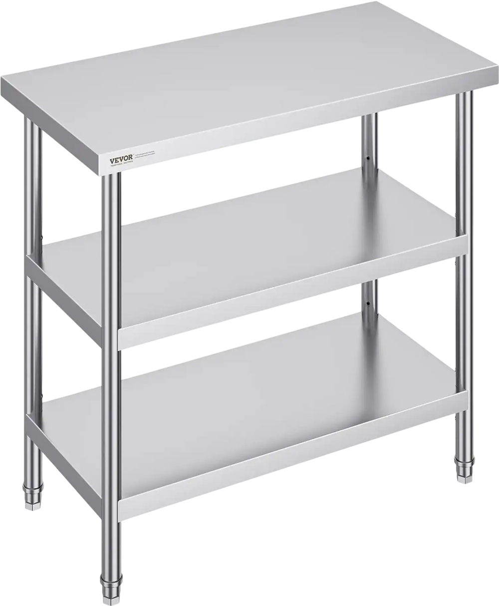 VEVOR Stainless Steel Food Prep Table, 18 x 36 x 34 Inch Commercial Kitchen Worktable, with 2 Adjustable Undershelf, Heavy Duty Prep Table Metal Work Table for BBQ, Kitchen, Home, and Garage
