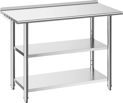 VEVOR Stainless Steel Work Table, 24x48 Inch Food Prep Table with 2 Shelves and Backsplash, Commercial Kitchen Workstation, Metal Heavy Duty Utility Worktable, for Restaurant Home Hotel Garage Outdoor
