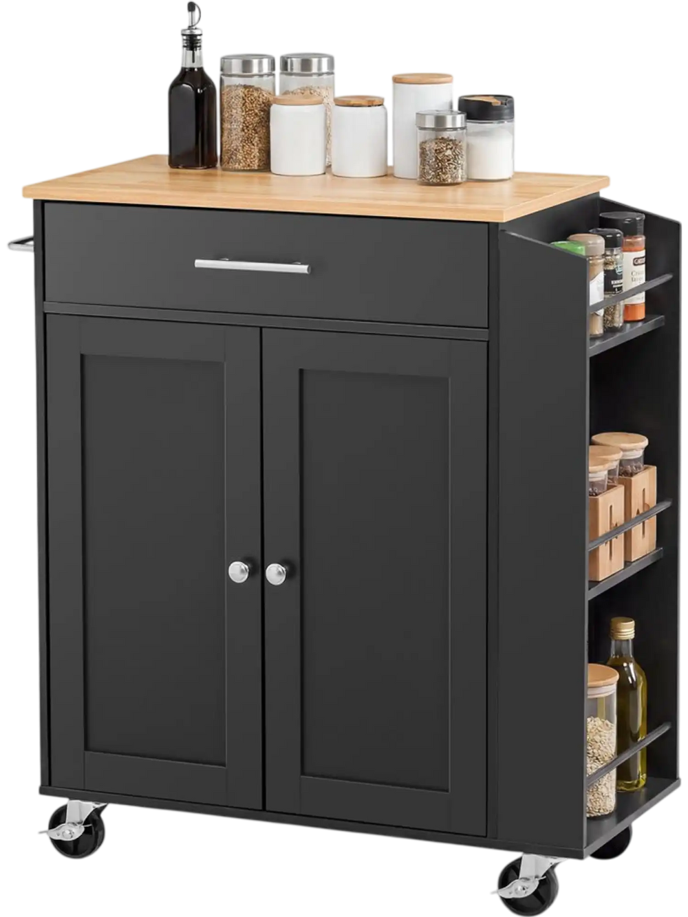 VEVOR Kitchen Island Cart with Storage, 31.3 in Wide Mobile Rolling Storage Island on Swivel Wheels, with Drawer, Storage Cabinet, Spice/Towel Rack, Table for Home Dining Room, Black