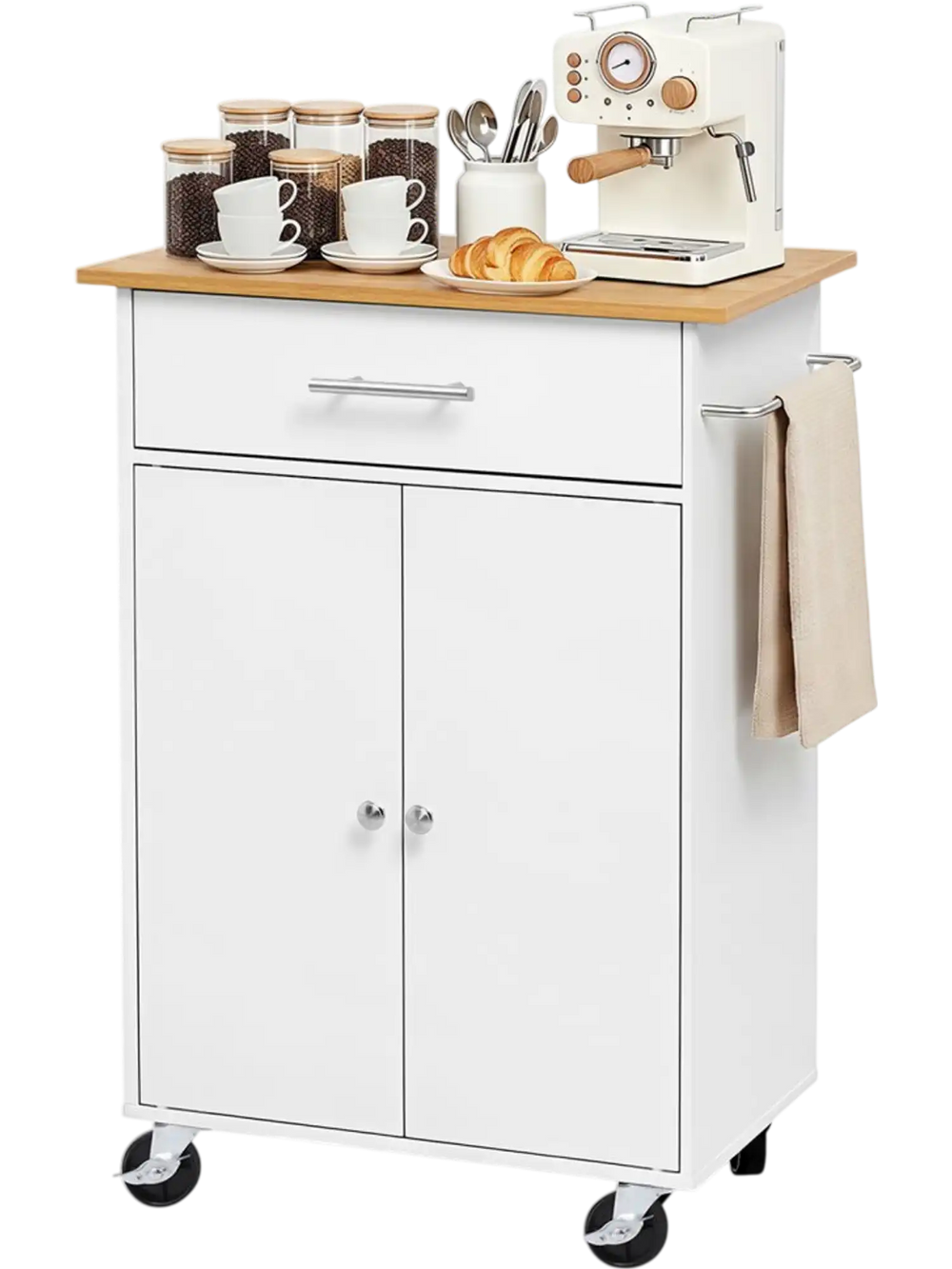 VEVOR Kitchen Island Cart with Storage, 24.84 in Wide Mobile Rolling Storage Island on Swivel Wheels, with Drawer, Storage Cabinet, Towel Rack, Hooks, Table for Home Dining Room, White