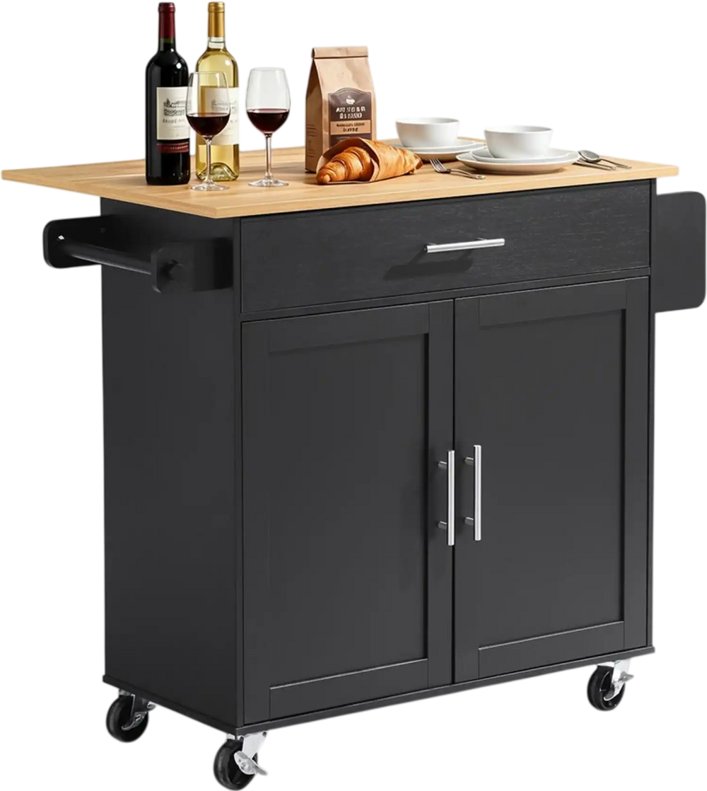 VEVOR Kitchen Island Cart with Storage, 42.28 in Wide Mobile Rolling Storage Island on Swivel Wheels, with Drawer, Storage Cabinet, Drop Leaf, Spice Rack, Table for Home Dining Room, Black