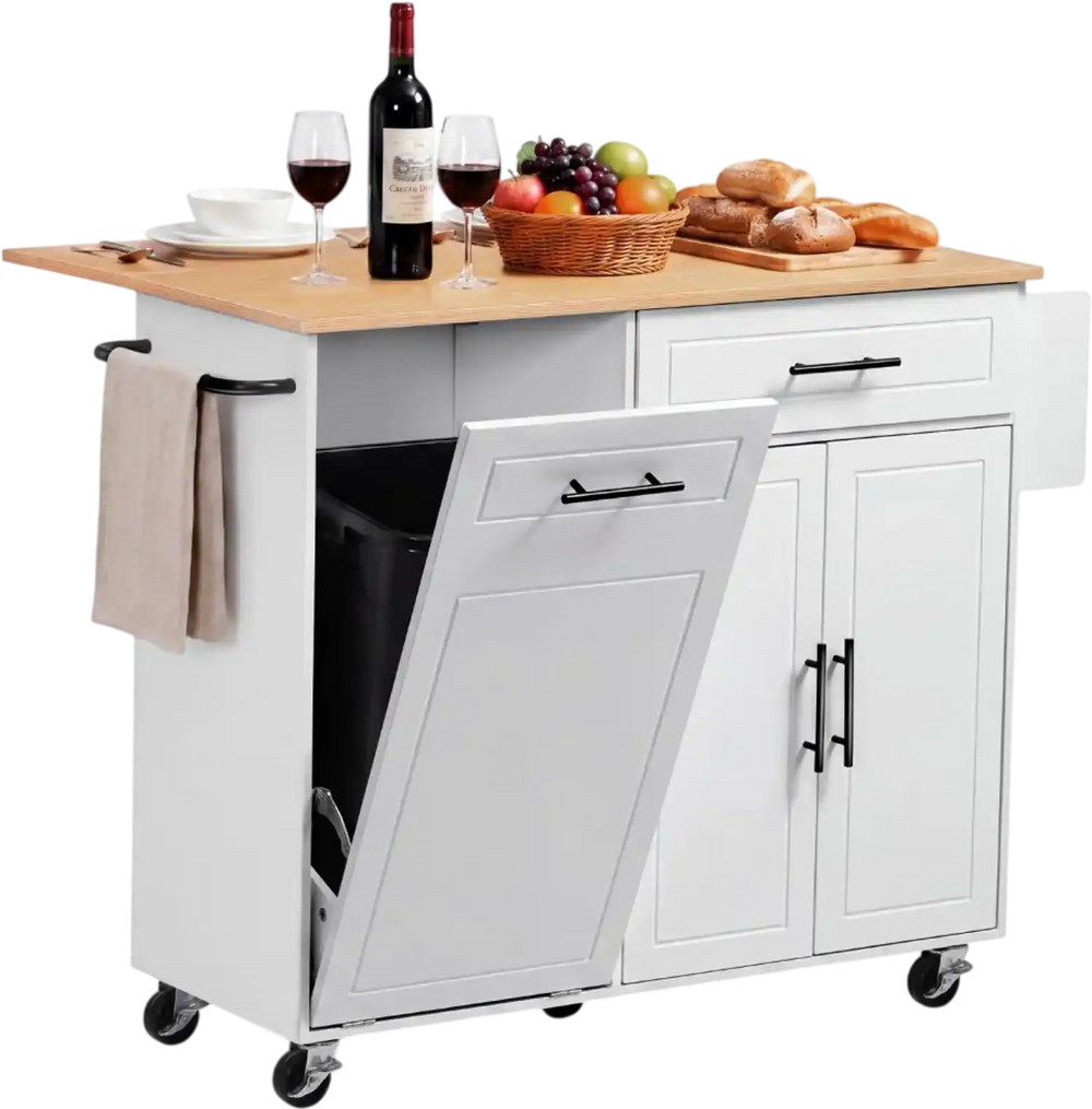 VEVOR Kitchen Island Cart with Storage, 46.06 in Wide Mobile Rolling Storage Island on Swivel Wheels, with Drawer, Storage Cabinet, Drop Leaf, Spice/Towel Rack, Table for Home Dining Room, White