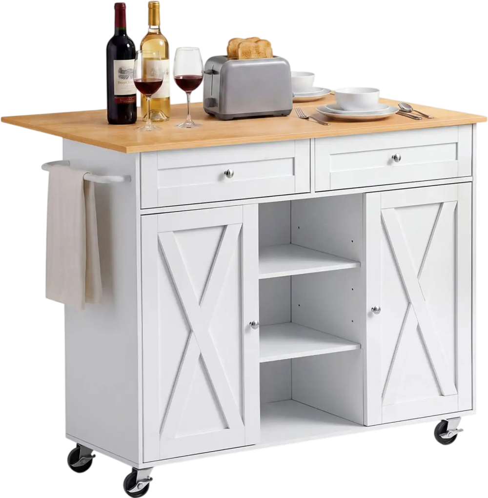 VEVOR Kitchen Island Cart with Storage, 45.67 in Wide Mobile Rolling Storage Island on Swivel Wheels, with 2 Drawers, Storage Cabinet, Drop Leaf, Towel Rack, Table for Home Dining Room, White