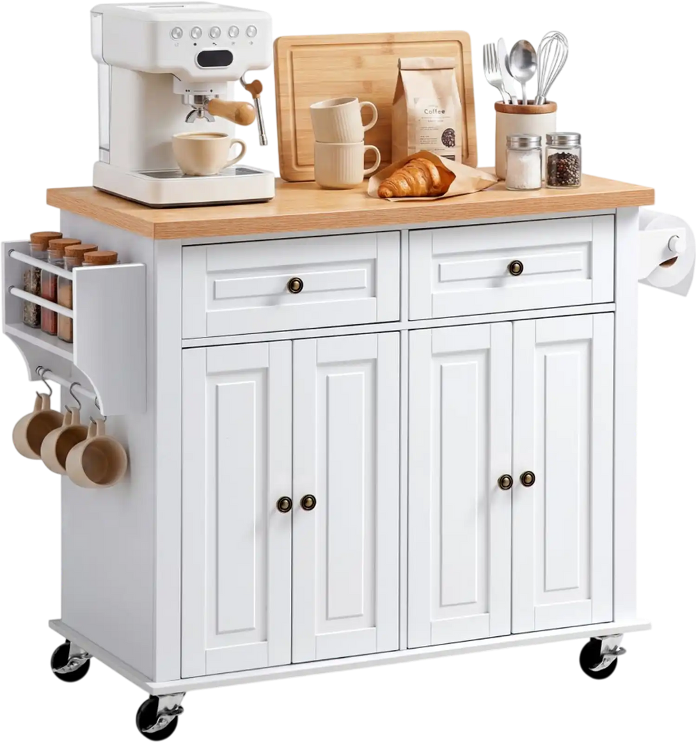 VEVOR Kitchen Island Cart with Storage, 43.7 in Wide Mobile Rolling Storage Island on Swivel Wheels, with 2 Drawers, Storage Cabinet, Spice/Towel Rack, Hooks, Table for Home Dining Room, White