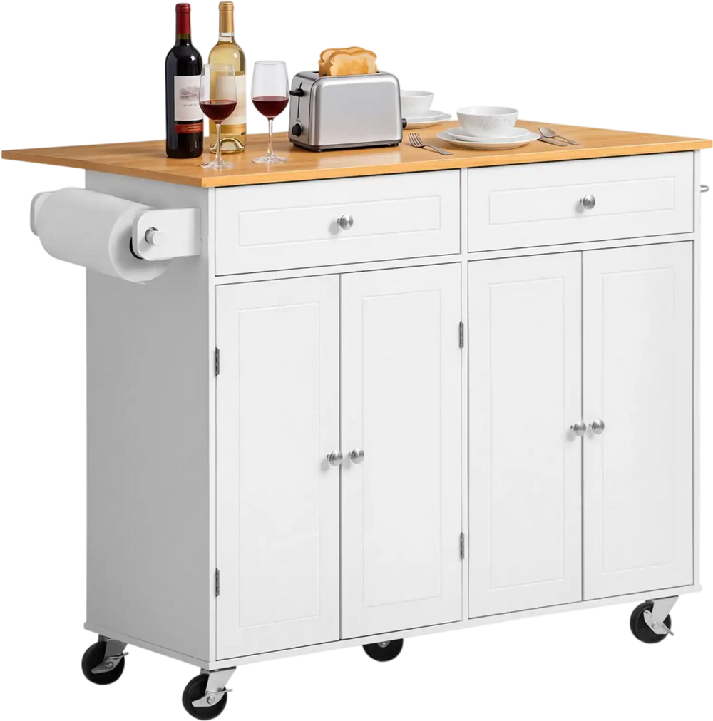 VEVOR Kitchen Island Cart with Storage, 47.64 in Wide Mobile Rolling Storage Island on Swivel Wheels, with 2 Drawers, Storage Cabinet, Drop Leaf, Towel Rack, Table for Home Dining Room, White