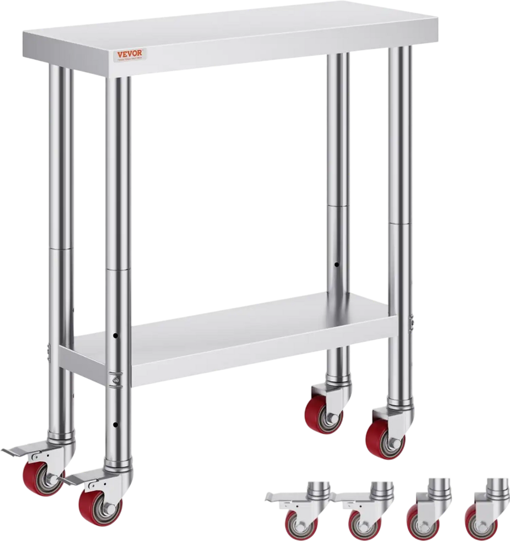 VEVOR Stainless Steel Work Table 30 x 12 x 34 Inch, 700 LBS Load Capacity with 4 Wheels, 3 Adjustable Height Levels, Heavy Duty Food Prep Worktable for Commercial Kitchen Restaurant, Silver