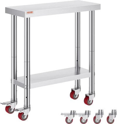 VEVOR Stainless Steel Work Table 30 x 12 x 34 Inch, 700 LBS Load Capacity with 4 Wheels, 3 Adjustable Height Levels, Heavy Duty Food Prep Worktable for Commercial Kitchen Restaurant, Silver