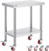 VEVOR Stainless Steel Work Table 30 x 18 x 34 Inch, 700 LBS Load Capacity with 4 Wheels, 3 Adjustable Height Levels, Heavy Duty Food Prep Worktable for Commercial Kitchen Restaurant, Silver