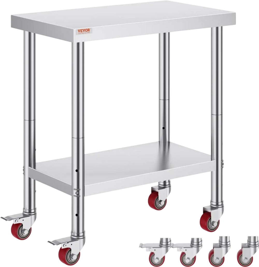 VEVOR Stainless Steel Work Table 30 x 18 x 34 Inch, 700 LBS Load Capacity with 4 Wheels, 3 Adjustable Height Levels, Heavy Duty Food Prep Worktable for Commercial Kitchen Restaurant, Silver