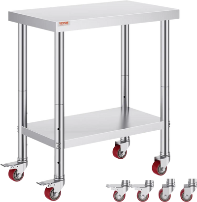 VEVOR Stainless Steel Work Table 30 x 18 x 34 Inch, 700 LBS Load Capacity with 4 Wheels, 3 Adjustable Height Levels, Heavy Duty Food Prep Worktable for Commercial Kitchen Restaurant, Silver