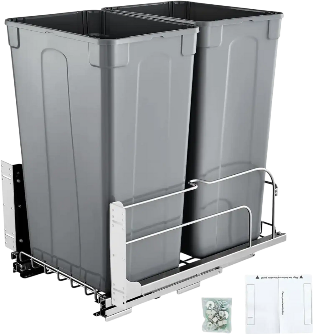VEVOR Pull-Out Trash Can, 50 QT x2 Double Under Mount Kitchen Waste Container, Heavy Duty Garbage Recycling Bin with Door Kit and Soft Close Slide, for Kitchen Cabinet, Sink, Under Counter (Grey)