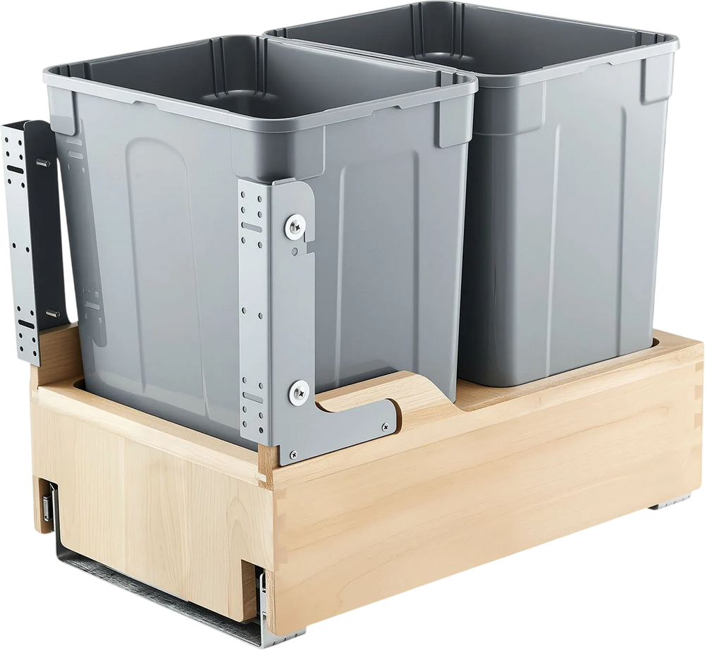 VEVOR Wood Pullout Trash Can for Kitchen Cabinets, 35 QT x2 Double Under Sink Garbage Waste Recycling Bin, Under Mount Waste Container, with Heavy Duty Metal Soft Close Sliding System and Door Kit