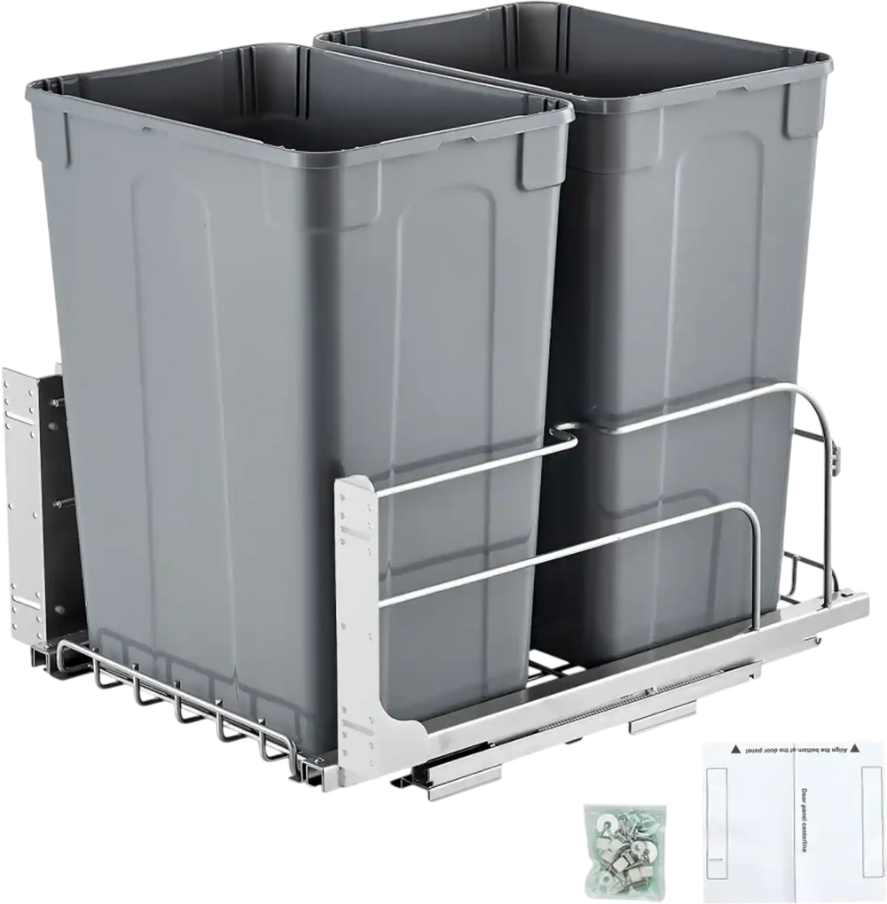 VEVOR Pull-Out Trash Can, 35 QT x2 Double Under Mount Kitchen Waste Container, Heavy Duty Garbage Recycling Bin with Door Kit and Soft Close Slide, for Kitchen Cabinet, Sink, Under Counter (Grey)