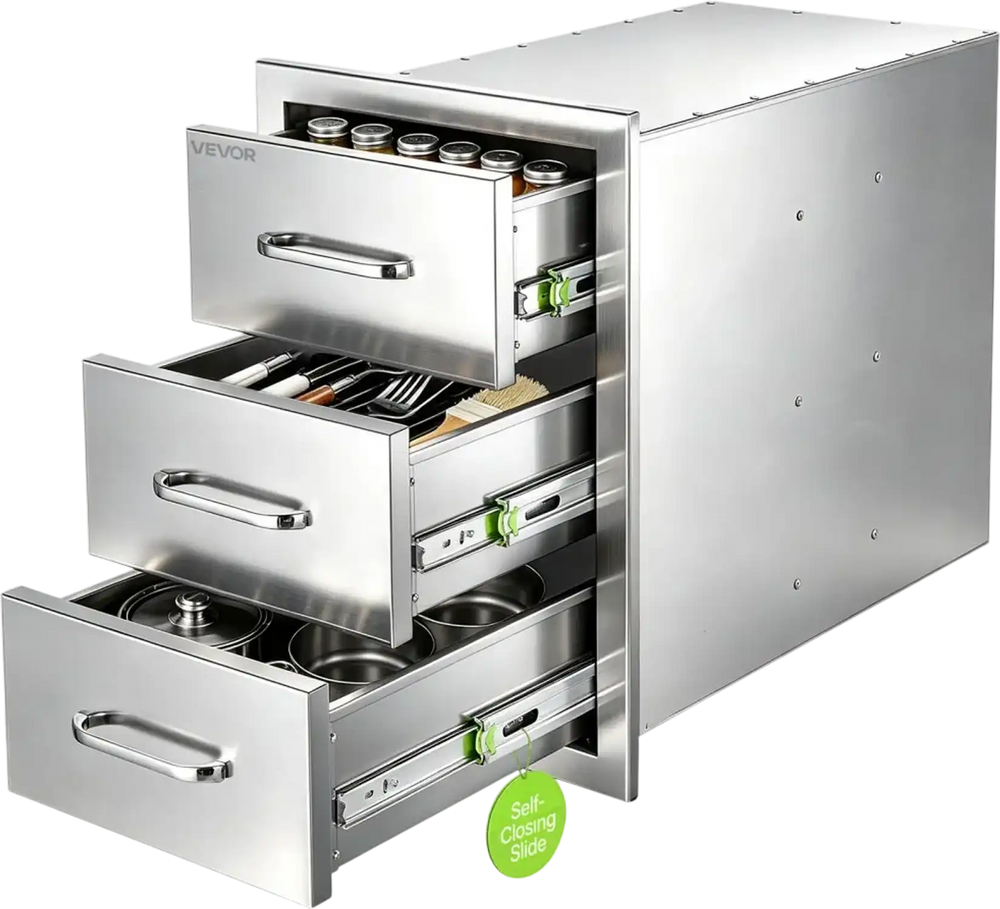 VEVOR Outdoor Kitchen Drawers, 22"W x 20"H x 14"D, 3-Tier Storage Access, for BBQ Island Storage, Patio Bars and Grill Station, with Handle, Built-In BBQ Island Drawers Organize Cookware Accessories