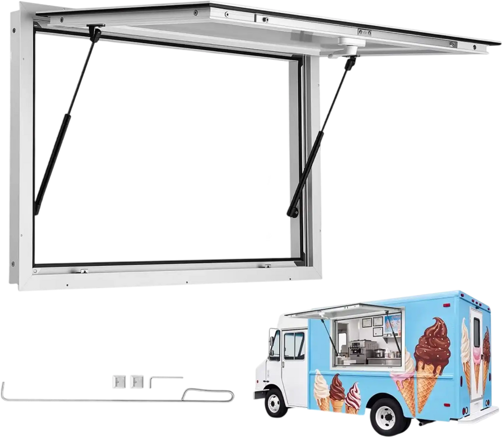 VEVOR Concession Window 36x24 in Aluminum Alloy Frame Service Window, for Food Truck, Up to 85 Degrees Stand Serving Windows with Awning Door and Drag Hook, Rainwater Resistant for Concession Trailer
