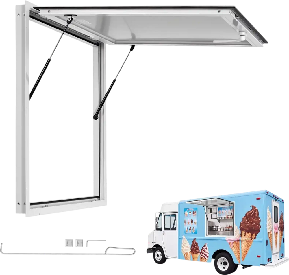 VEVOR Concession Window 36x36 in Aluminum Alloy Frame Service Window, for Food Truck, Up to 85 Degrees Stand Serving with Awning Door and Drag Hook, Rainwater Resistant for Concession Trailer