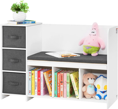 VEVOR Kids Reading Nook Bench, Toddler Bookshelf and Bookcase with Detachable Seat Cushion, 6-Cubby Storage Organizer Bench with 3 Drawers, Ideal for Playroom, Bedroom, Living Room or Entryway, White