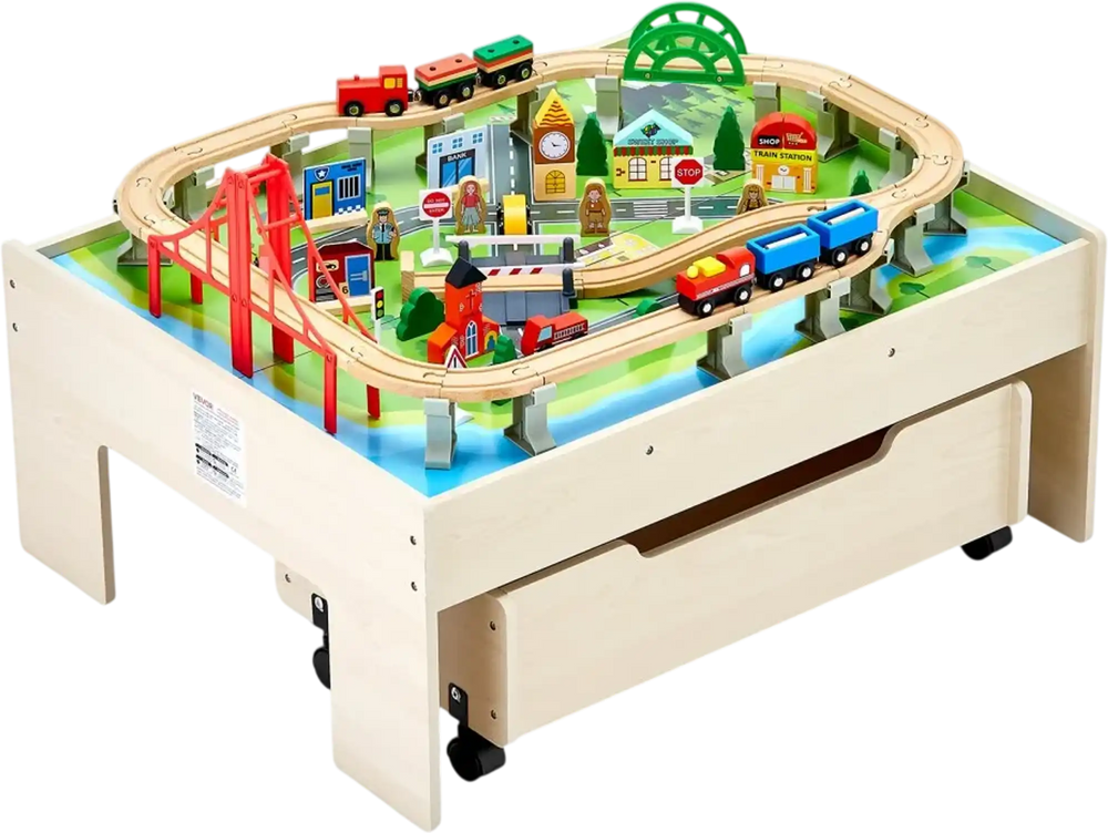 VEVOR Train Table, 100 Multicolor Pieces Wooden Kids Activity Table with Rolling Storage Drawer, 3-in-1 Wooden Train Set for Gaming, Drawing, Reading, Eating, Creative Toy Set for Kids Ages 3+