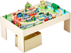 VEVOR Train Table, 84 Multicolor Pieces Wooden Kids Activity Table with Collapsible Storage Bin, 3-in-1 Wooden Train Set for Gaming, Drawing, Reading, Eating, Creative Toy Set for Kids Ages 3+