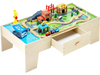 VEVOR Train Table, 62 Multicolor Pieces Wooden Kids Activity Table with Large Storage Drawer, 3-in-1 Wooden Train Set for Playing, Drawing, Reading, Eating, Creative Toy Set for Kids Ages 3+