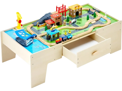 VEVOR Train Table, 62 Multicolor Pieces Wooden Kids Activity Table with Large Storage Drawer, 3-in-1 Wooden Train Set for Playing, Drawing, Reading, Eating, Creative Toy Set for Kids Ages 3+