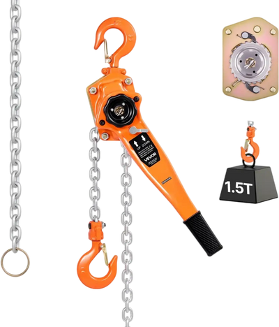 VEVOR Manual Lever Chain Hoist, 1-1/2T 3300LBS Capacity Heavy Duty Come Along, 10FT Lift G80 Alloy Steel Chain With Dual Pawl Mechanical Brake,360°Rotating Hooks, for Warehouse Construction Garage