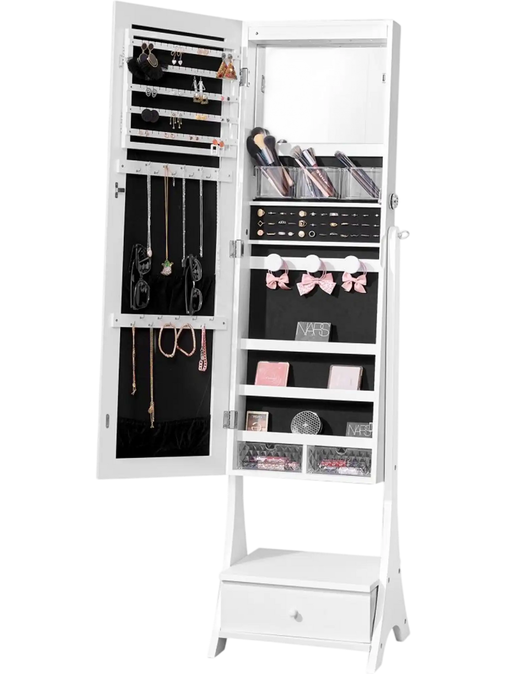 VEVOR Mirror Jewelry Cabinet, Standing Mirror with Storage, Lockable Jewelry Mirror Organizer with Full Length Mirror, Velvet Lining, Interior LED Light, Drawer, Freestanding Jewelry Armoire, White