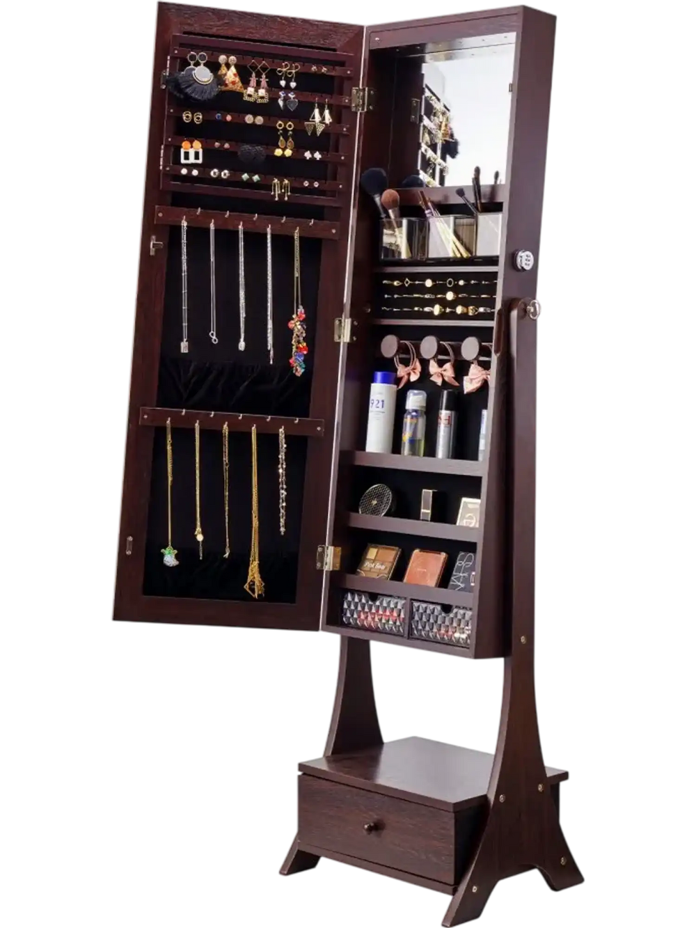VEVOR Mirror Jewelry Cabinet, Standing Mirror with Storage, Lockable Jewelry Mirror Organizer with Full Length Mirror, Velvet Lining, Interior LED Light, Drawer, Freestanding Jewelry Armoire, Brown
