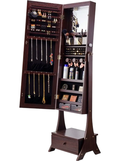 Vevor Jewelry Armoire Freestanding Mirror Cabinet with Storage Full-Length Brown New
