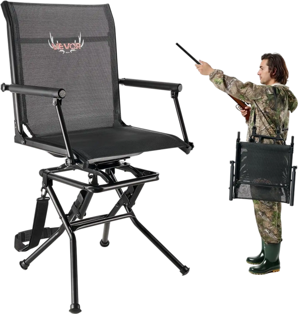VEVOR Hunting Chair, 360° Silent Swivel, Foldable Lightweight Portable Blind Chair, Heavy-Duty Steel Frame Ground Stool Seat, with Armrest, Adjustable Carry Strap, 300 Lbs Capacity for Fishing Camping