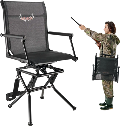 VEVOR Hunting Chair, 360° Silent Swivel, Foldable Lightweight Portable Blind Chair, Heavy-Duty Steel Frame Ground Stool Seat, with Armrest, Adjustable Carry Strap, 300 Lbs Capacity for Fishing Camping