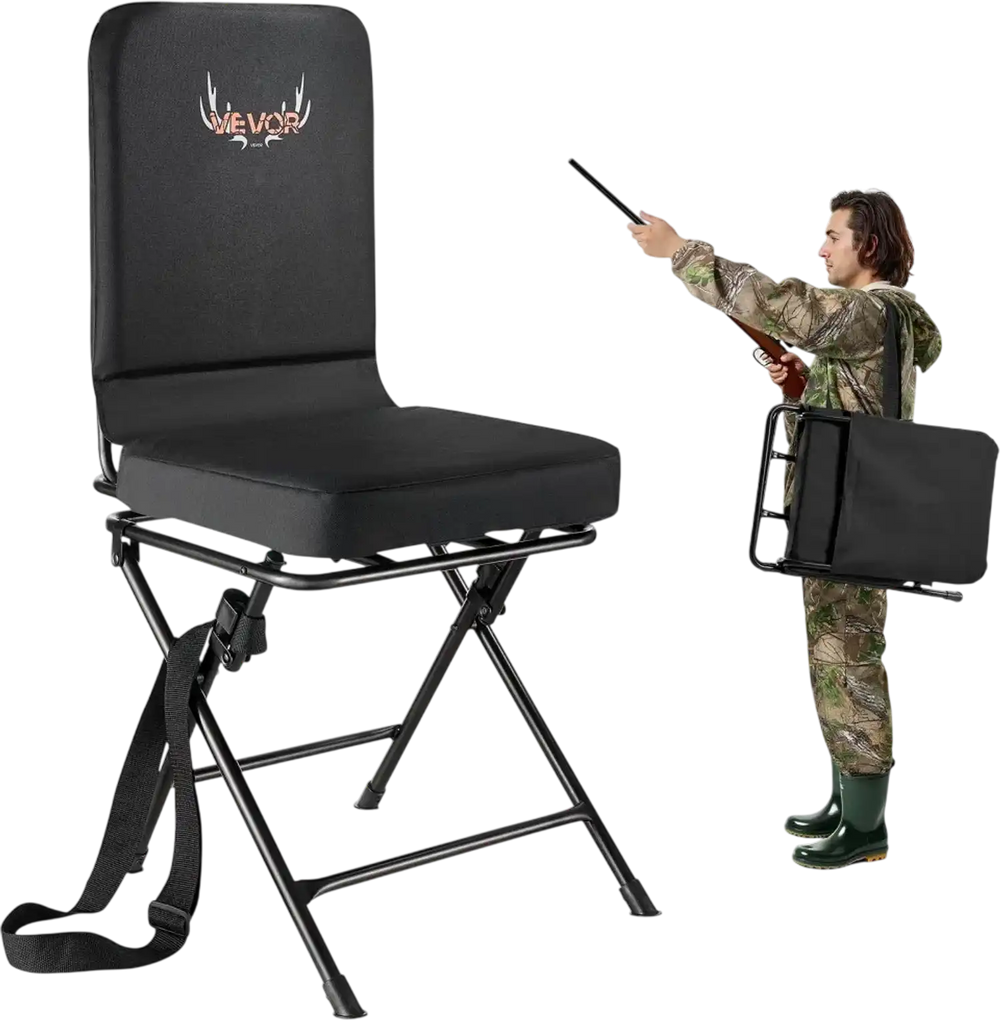 VEVOR Hunting Chair, 360° Silent Swivel, Foldable Lightweight Portable Blind Chair, Heavy-Duty Steel Frame Ground Stool Seat, with Adjustable Shoulder Strap, 300 Lbs Capacity for Fishing, Camping
